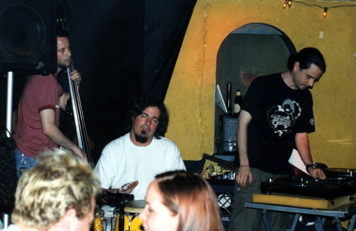 Wax Poetics Issue 2 release party at Black Betty, June 20, 2002. (left to right) Bassist Andy Cotton, percussionist and longtime Tom Tom Club touring member Bruce Martin, and DJ Monk-One.